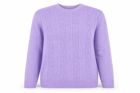 Front view of Pure & Natural women’s purple crew neck acrylic jumper, size M