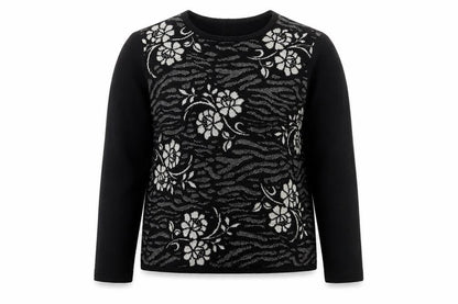 Front view of Alexara women’s black crew neck floral acrylic jumper, size L
