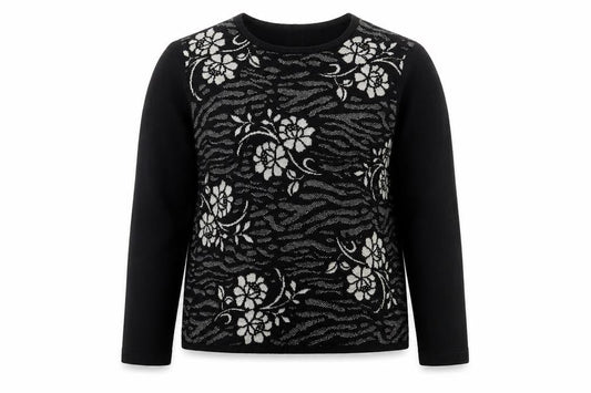 Front view of Alexara women’s black crew neck floral acrylic jumper, size L