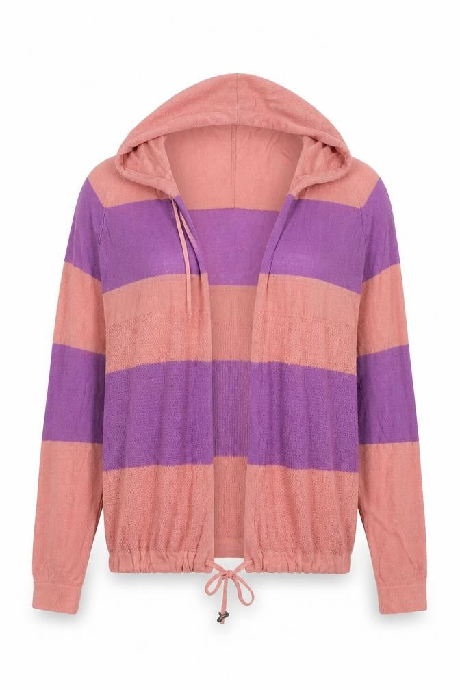 Front view of Next women’s pink high neck striped viscose cardigan jumper, size UK 8, - purple