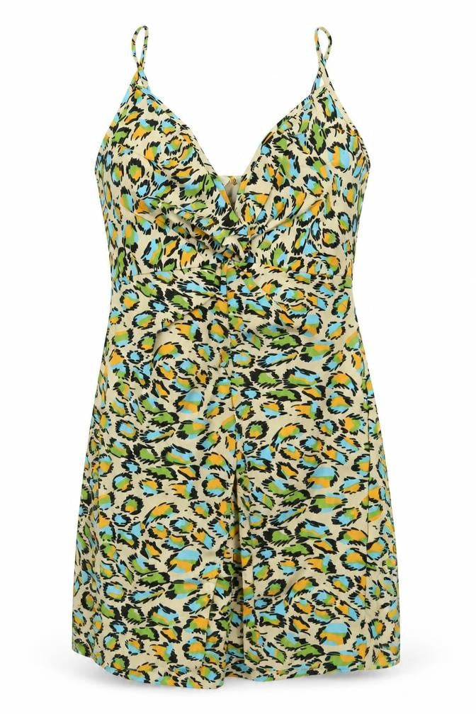 Front view of SHEIN women’s multicoloured animal print polyester a-line, size L, v-neck zip