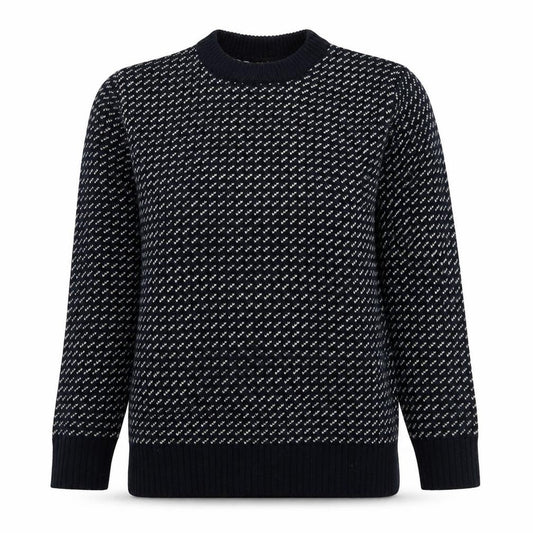 Front view of POP women’s blue crew neck geometric acrylic jumper, size S