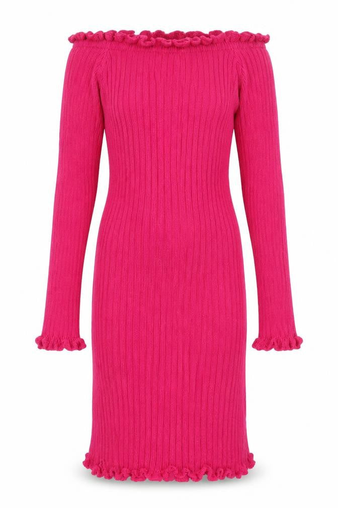 Front view of In the Style women’s pink acrylic jumper dress, size UK 6, off the shoulder pullover