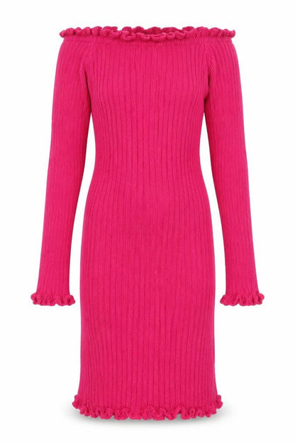 Front view of In the Style women’s pink acrylic jumper dress, size UK 6, off the shoulder pullover