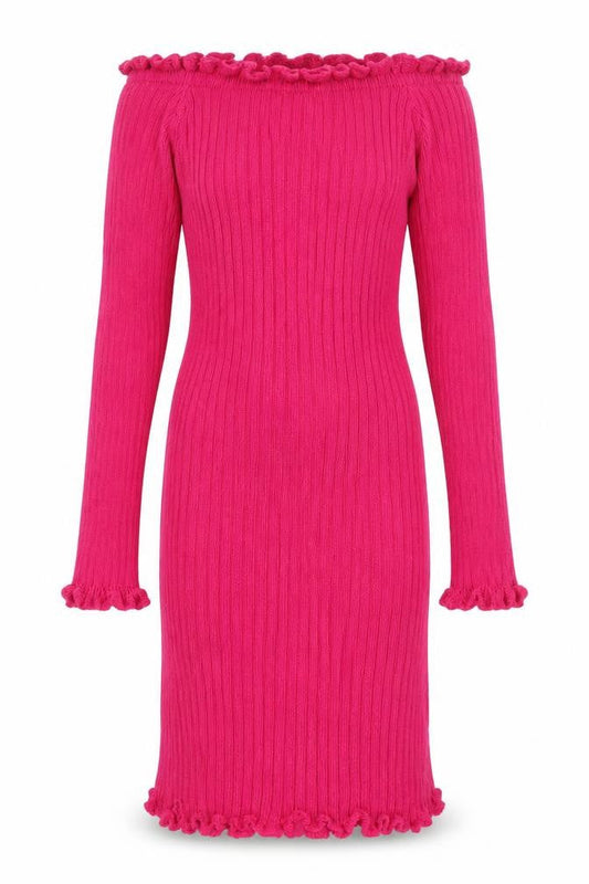Front view of In the Style women’s pink acrylic jumper dress, size UK 6, off the shoulder pullover