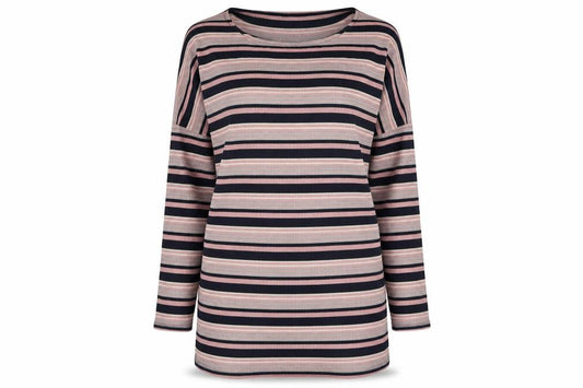 Front view of F&F women’s pink striped polyester a-line, size UK 10, crew neck pullover