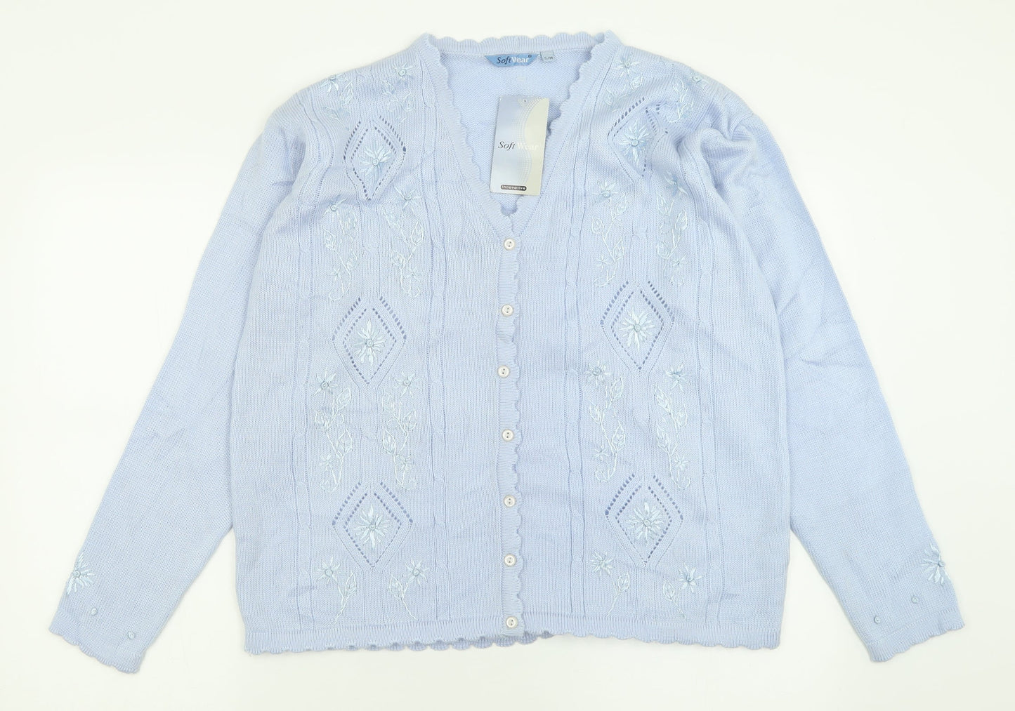 Soft Wear Womens Blue V-Neck Geometric Acrylic Cardigan Jumper Size S