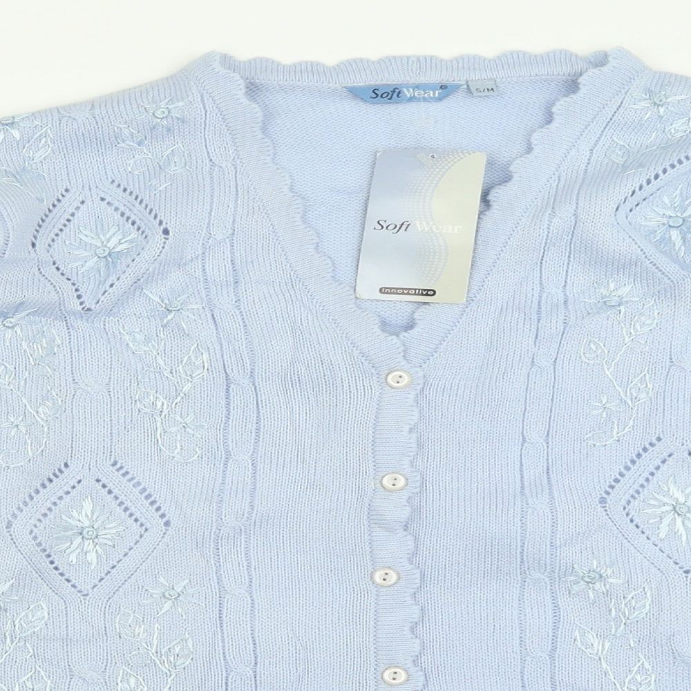 Soft Wear Womens Blue V-Neck Geometric Acrylic Cardigan Jumper Size S