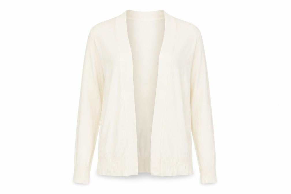 Front view of Marks & Spencer women’s ivory v-neck acrylic cardigan jumper, size S