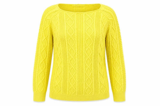 Front view of Tru Collection women’s yellow boat neck 100% cotton jumper, size S