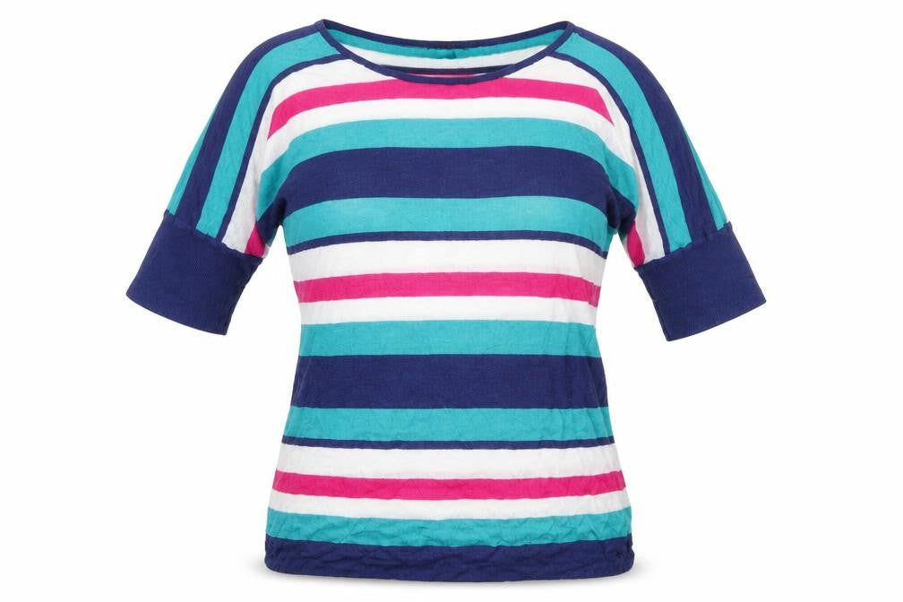 Front view of Pomodoro women’s multicoloured boat neck striped viscose jumper, size UK 14
