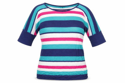 Front view of Pomodoro women’s multicoloured boat neck striped viscose jumper, size UK 14