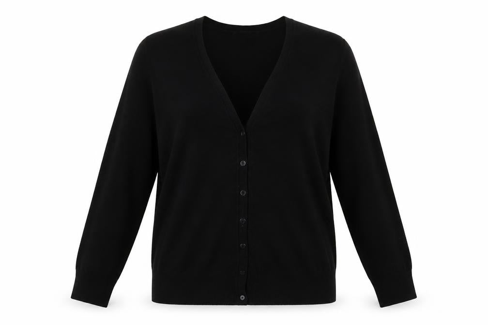 Front view of Marks & Spencer women’s black v-neck polyester cardigan jumper one size