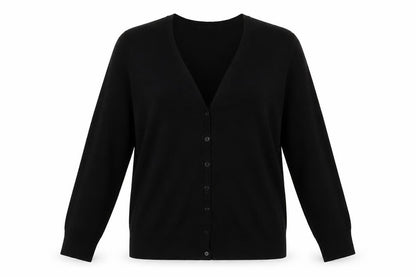 Front view of Marks & Spencer women’s black v-neck polyester cardigan jumper one size