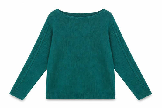 Front view of ISLE women’s green v-neck acrylic jumper, size M
