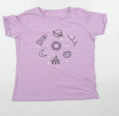 Primark Girls Purple Geometric Cotton Basic Casual Size 12-13 Years Round Neck  - Space and Rockets