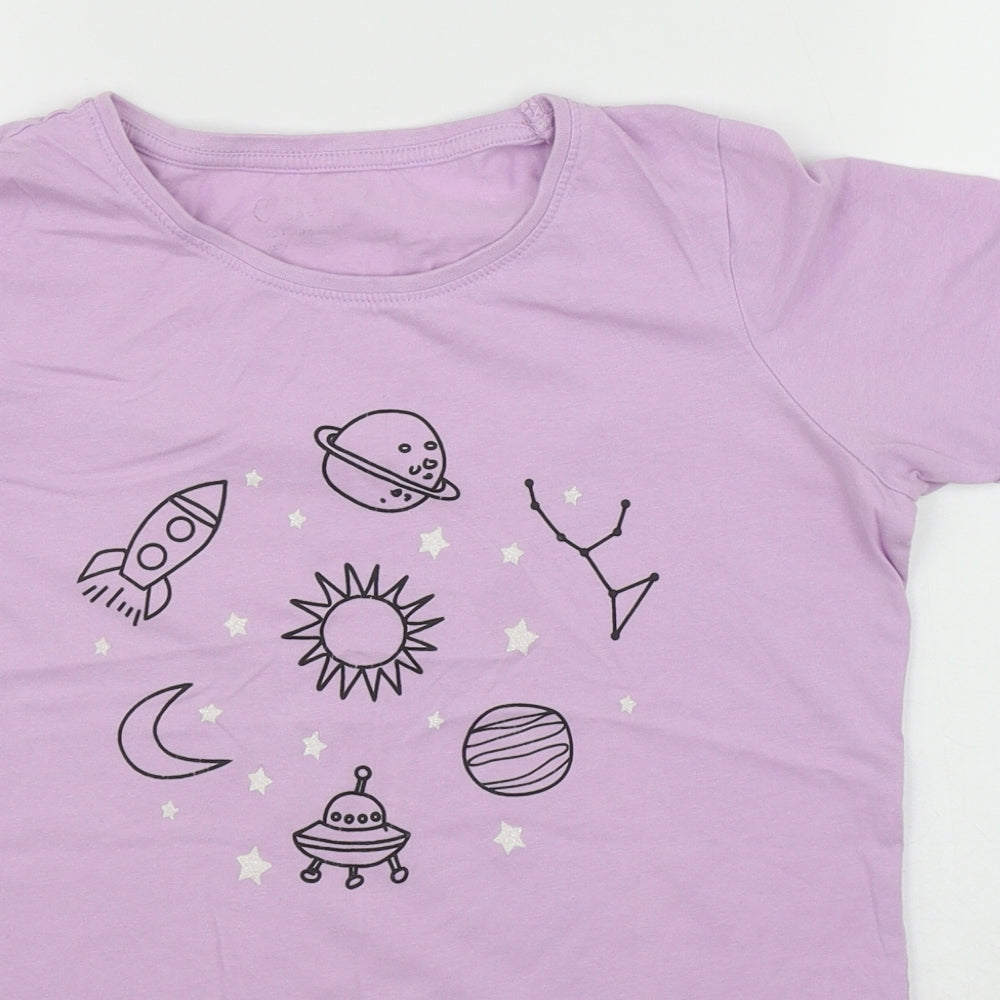 Primark Girls Purple Geometric Cotton Basic Casual Size 12-13 Years Round Neck  - Space and Rockets