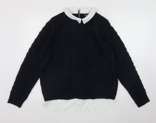 Primark Womens Blue Collared  Acrylic Pullover Jumper Size M   - 2 in 1 top Zip detail on back