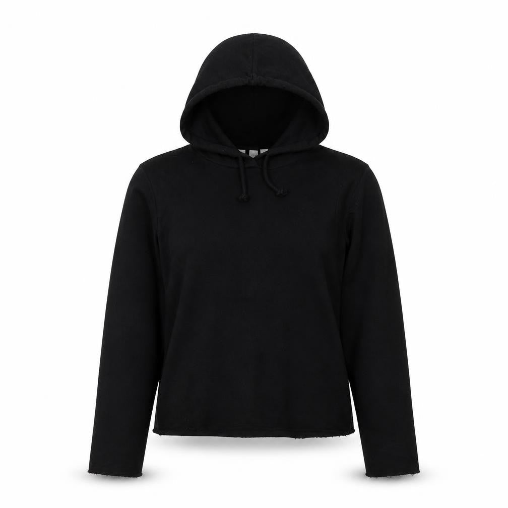 Front view of ASOS women’s black cotton pullover hoodie, size UK 8, pullover