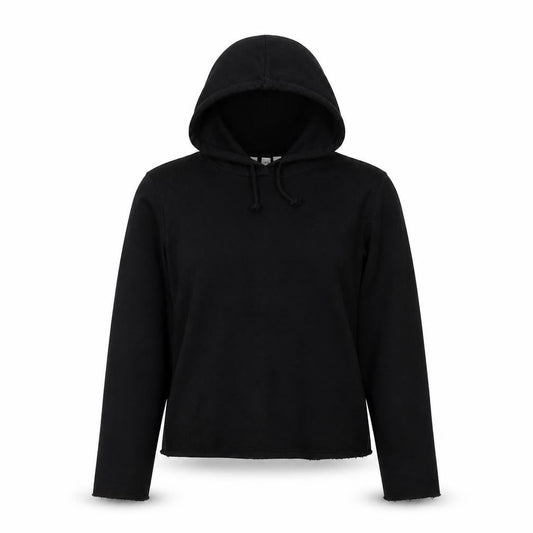 Front view of ASOS women’s black cotton pullover hoodie, size UK 8, pullover