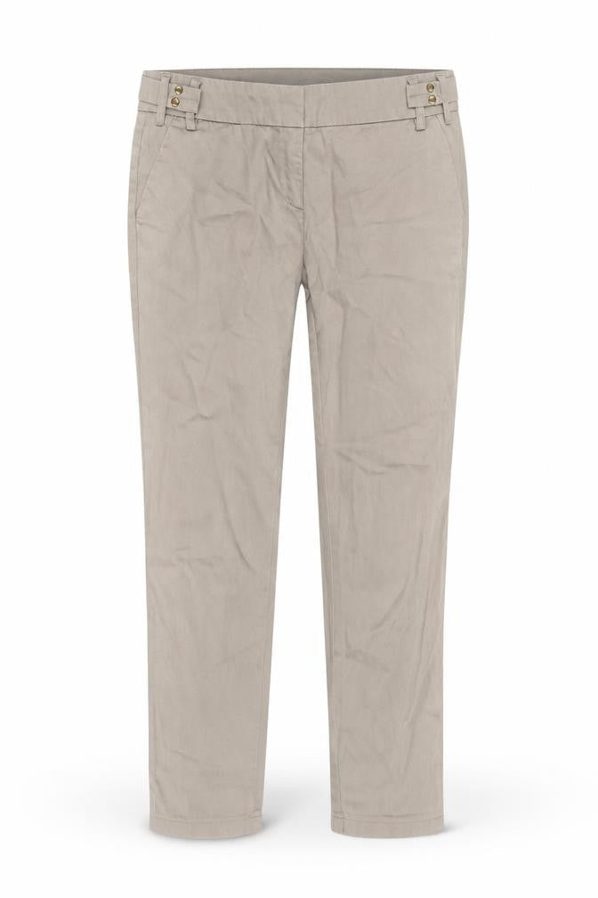 Front view of Warehouse women’s beige cotton skinny jeans, size UK 8, 26-inch leg regular buckle