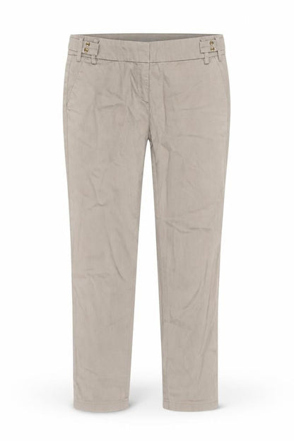 Front view of Warehouse women’s beige cotton skinny jeans, size UK 8, 26-inch leg regular buckle