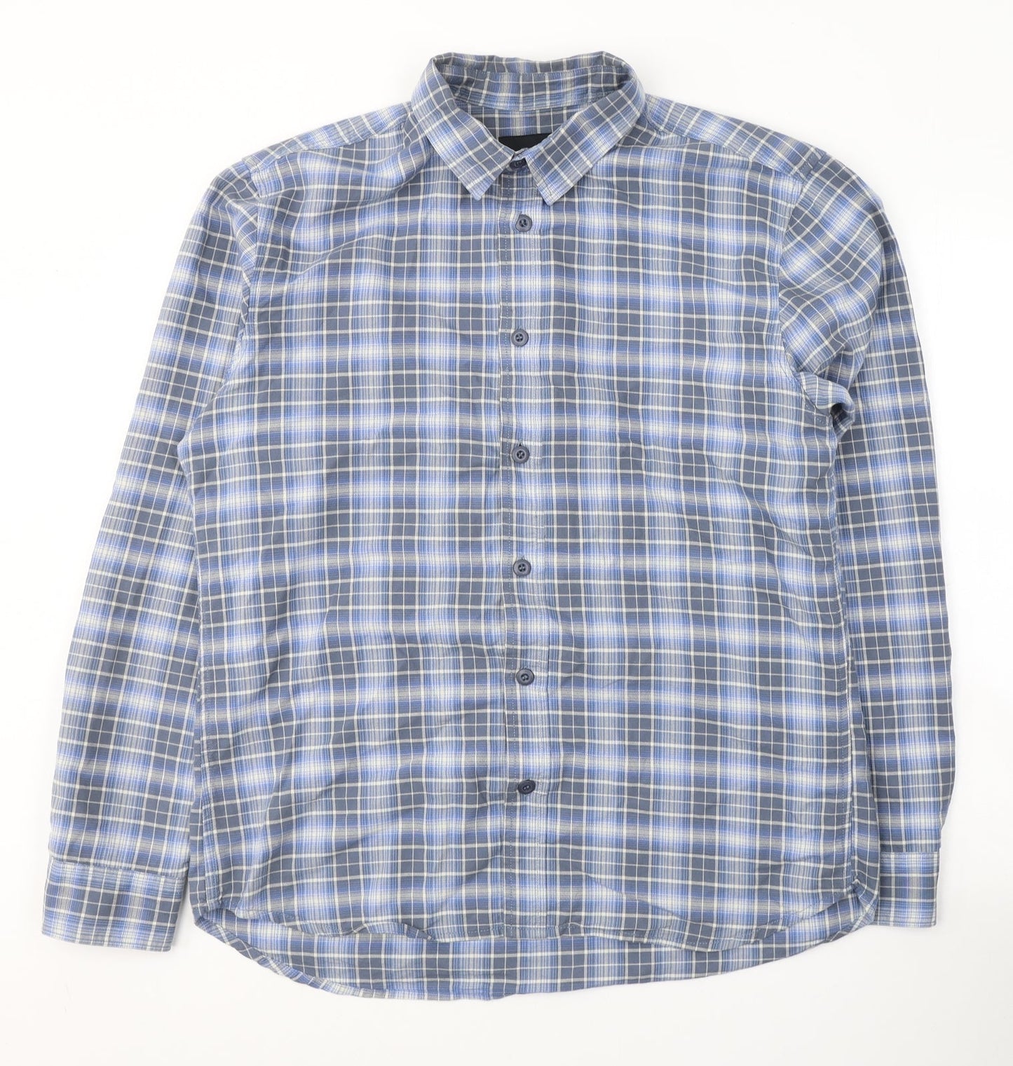 Reverse Mens Blue Plaid Cotton  Button-Up Size XL Collared Button