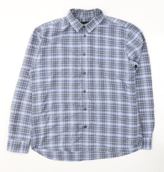 Reverse Mens Blue Plaid Cotton  Button-Up Size XL Collared Button