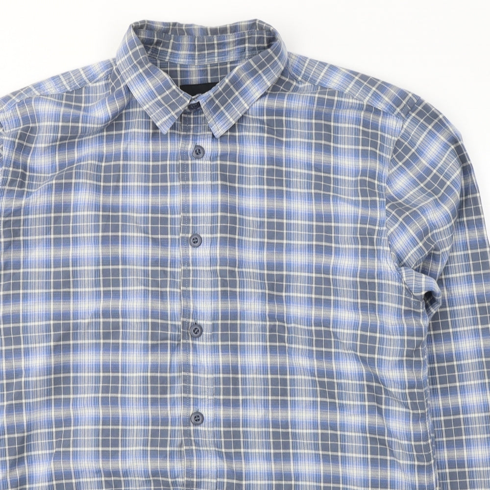 Reverse Mens Blue Plaid Cotton  Button-Up Size XL Collared Button