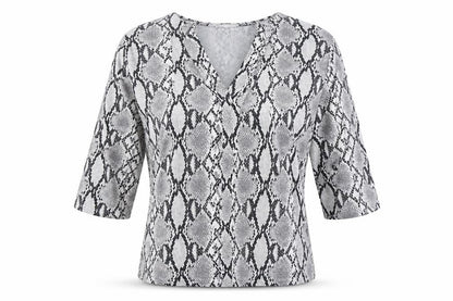 Front view of New Look women’s grey animal print polyester tunic blouse, size UK 10, v-neck