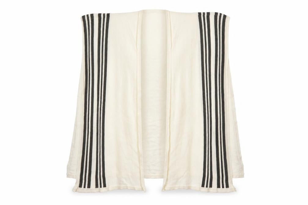 Front view of Marks & Spencer women’s ivory v-neck striped acrylic wrap jumper one size
