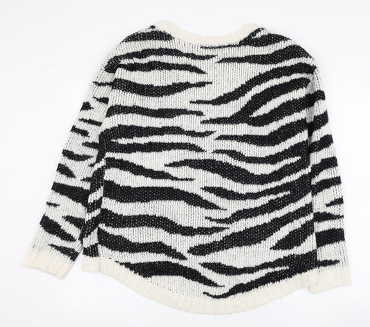 TU Womens Ivory Round Neck Animal Print Acrylic Pullover Jumper Size 14