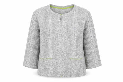 Front view of Marks & Spencer women’s grey square neck acrylic full zip jumper, size XL