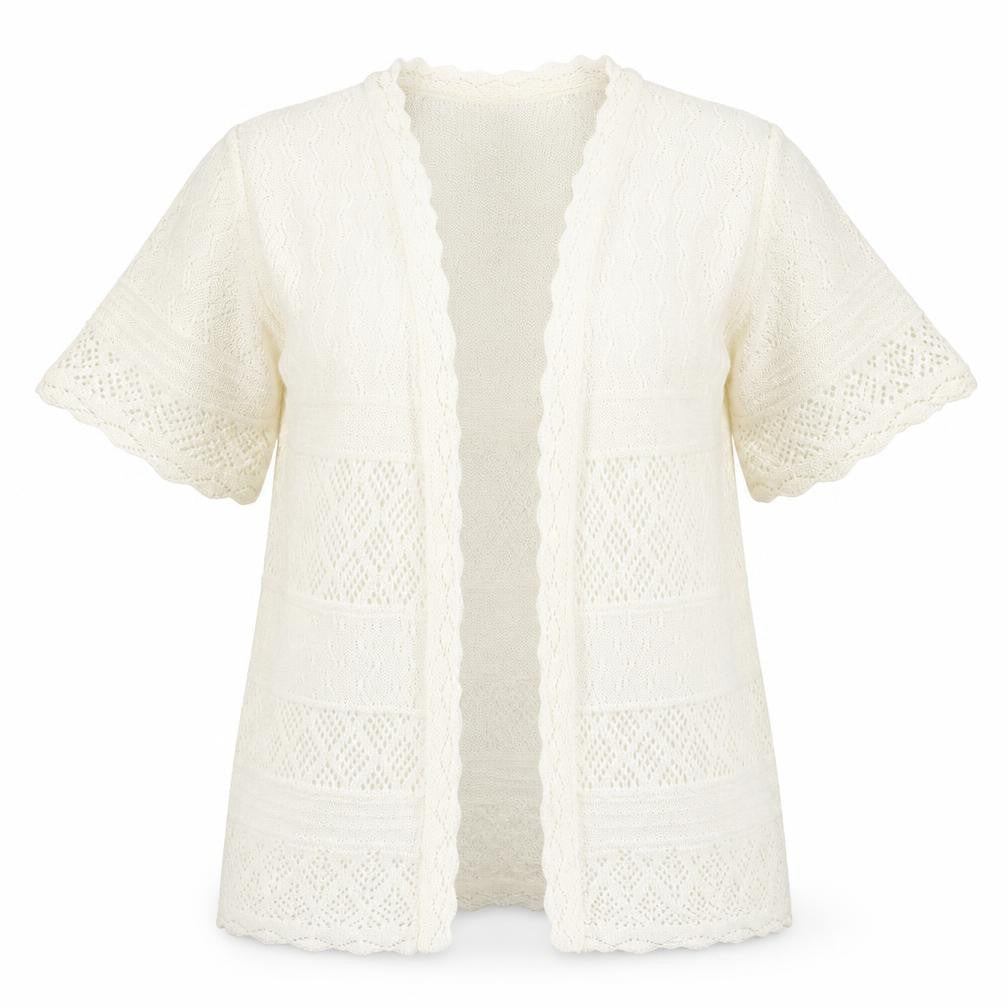 Front view of Isle women’s ivory square neck acrylic cardigan jumper, size UK 14