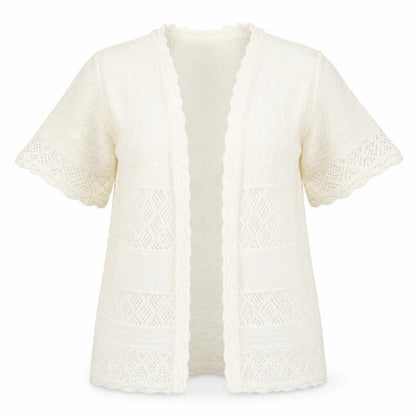 Front view of Isle women’s ivory square neck acrylic cardigan jumper, size UK 14