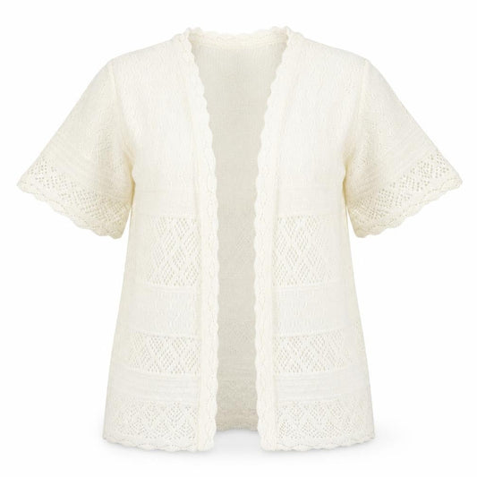 Front view of Isle women’s ivory square neck acrylic cardigan jumper, size UK 14