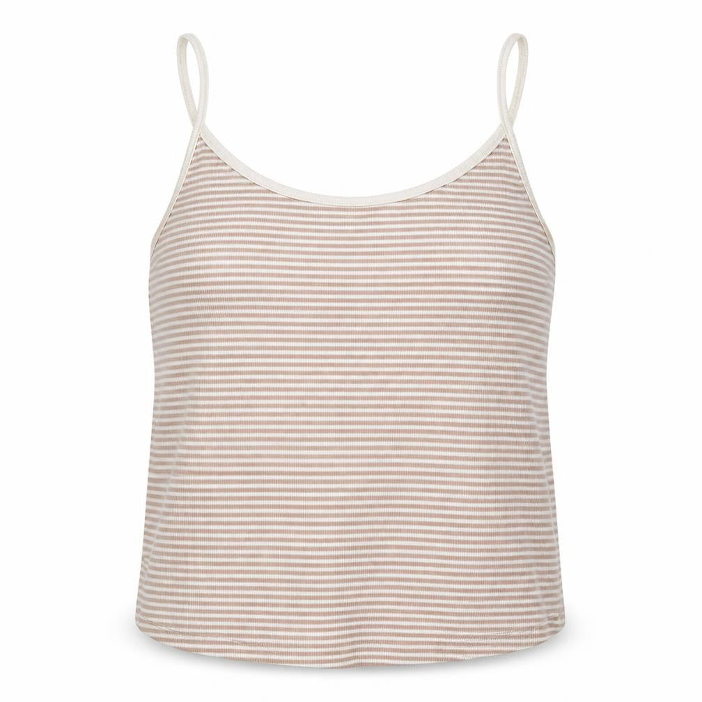 Front view of New Look women’s beige striped cotton camisole tank, size UK 18, round neck - cropped