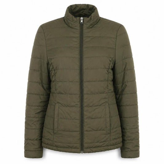 Front view of Marks & Spencer women’s green puffer jacket jacket, size UK 6, zip