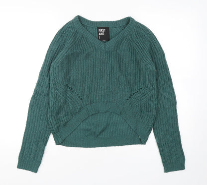 First And I Womens Green V-Neck  Acrylic Pullover Jumper Size XS