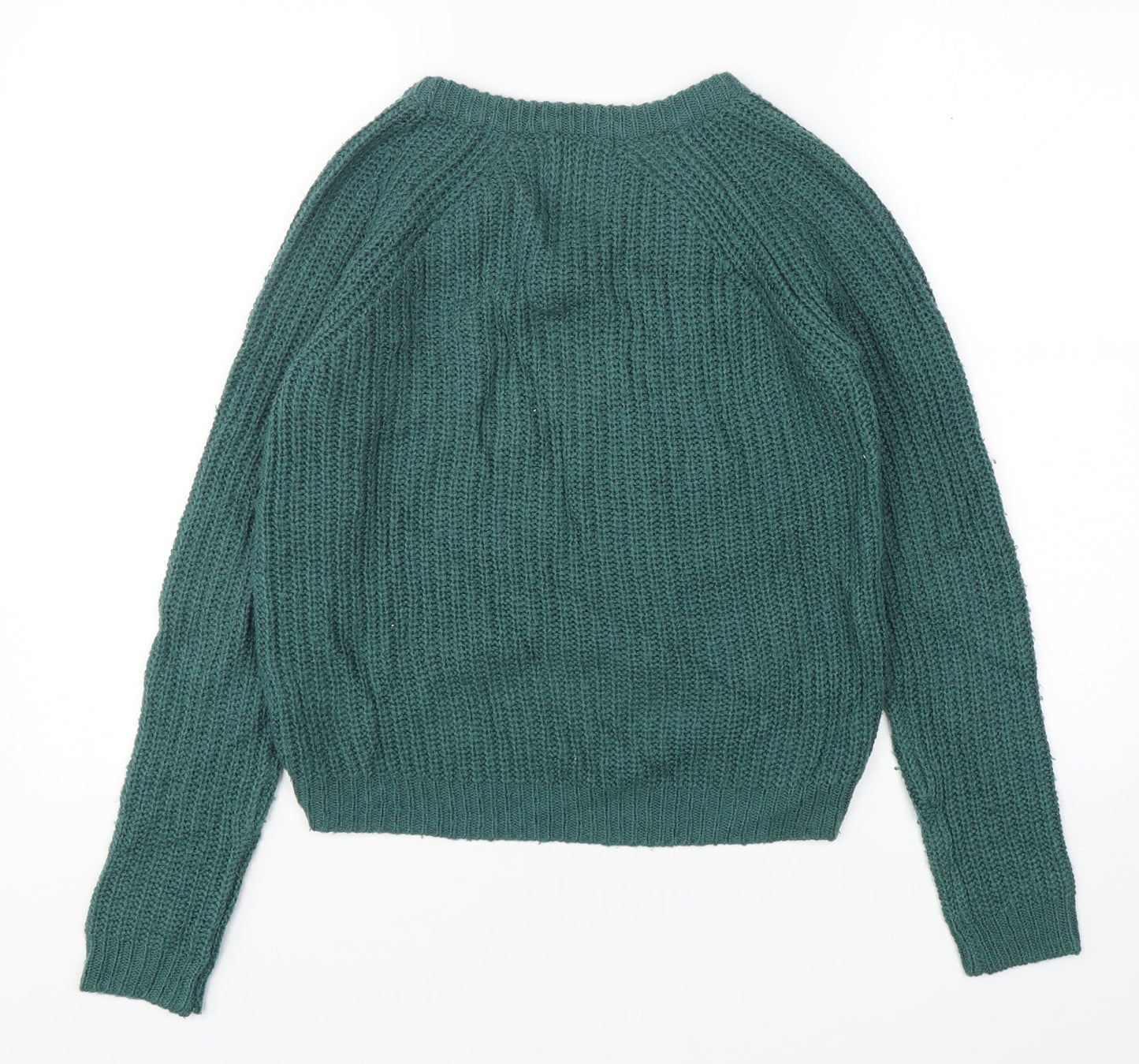 First And I Womens Green V-Neck  Acrylic Pullover Jumper Size XS