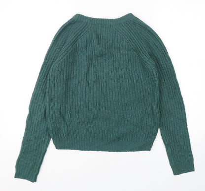 First And I Womens Green V-Neck  Acrylic Pullover Jumper Size XS