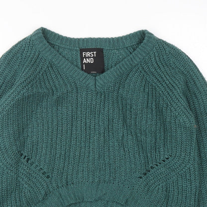 First And I Womens Green V-Neck  Acrylic Pullover Jumper Size XS
