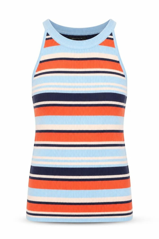 Front view of Atmosphere women’s multicoloured round neck striped viscose vest jumper, size UK 10