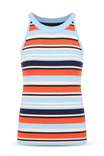 Front view of Atmosphere women’s multicoloured round neck striped viscose vest jumper, size UK 10