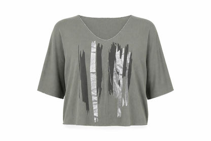 Front view of Preworn women’s green viscose basic t-shirt, size UK 8, boat neck