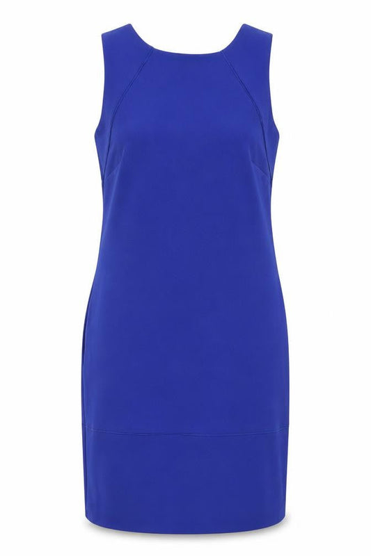 Front view of Coast women’s blue polyester pencil dress, size UK 12, scoop neck zip