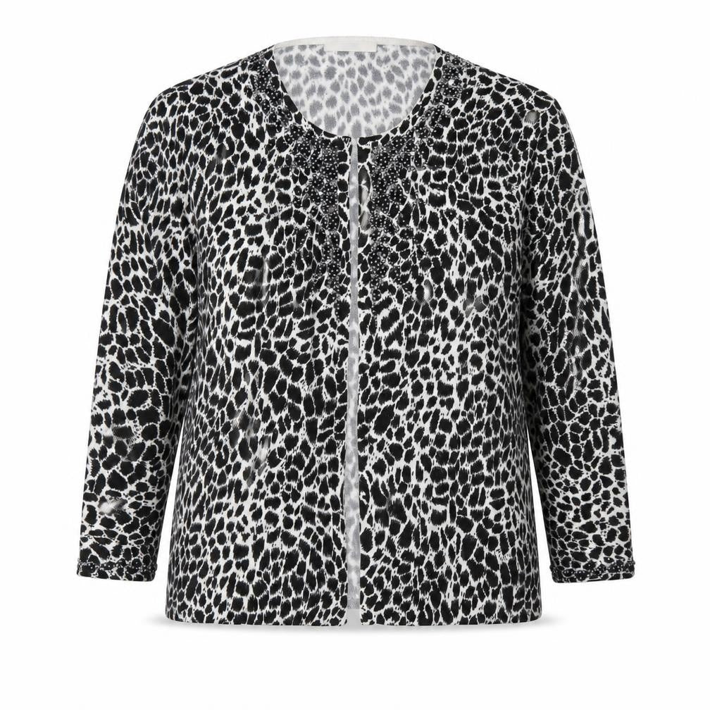 Front view of Marks & Spencer women’s black scoop neck animal print acrylic cardigan jumper, size UK 14
