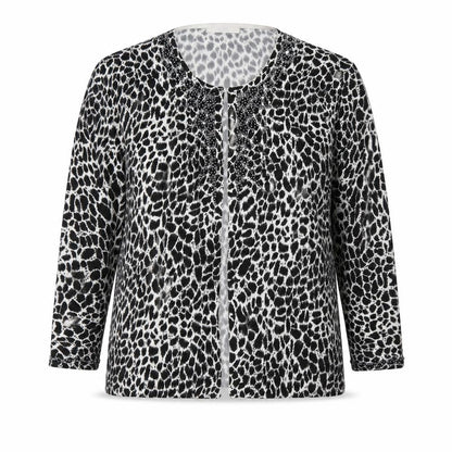Front view of Marks & Spencer women’s black scoop neck animal print acrylic cardigan jumper, size UK 14