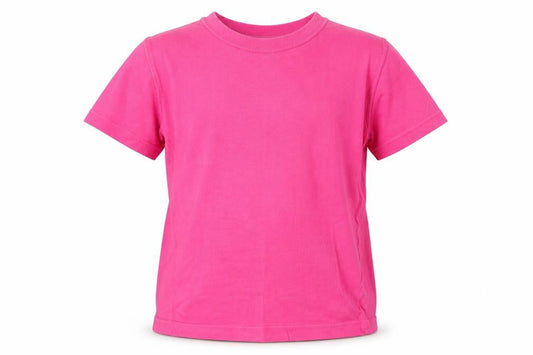 Front view of Adams girls’ pink cotton basic t-shirt, size 5-6, years round neck