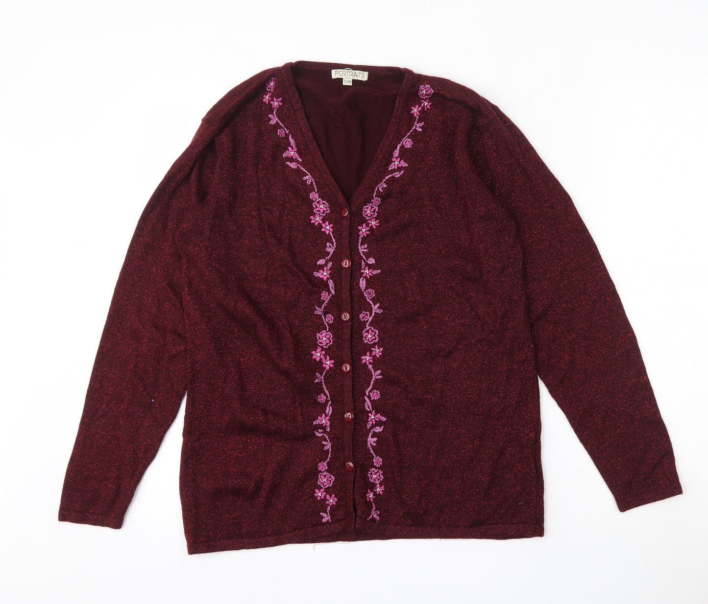 Portraits Womens Red V-Neck Floral Acrylic Cardigan Jumper Size S